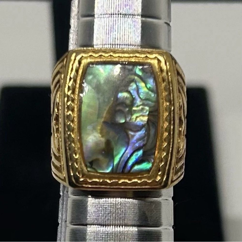 Men's Gold Stainless Steel Ring Abalone Shell Inlay – Size 8.5/9 Tribal Style